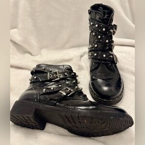 Rhinestone & Studded Black/Silver Combat Boots 9